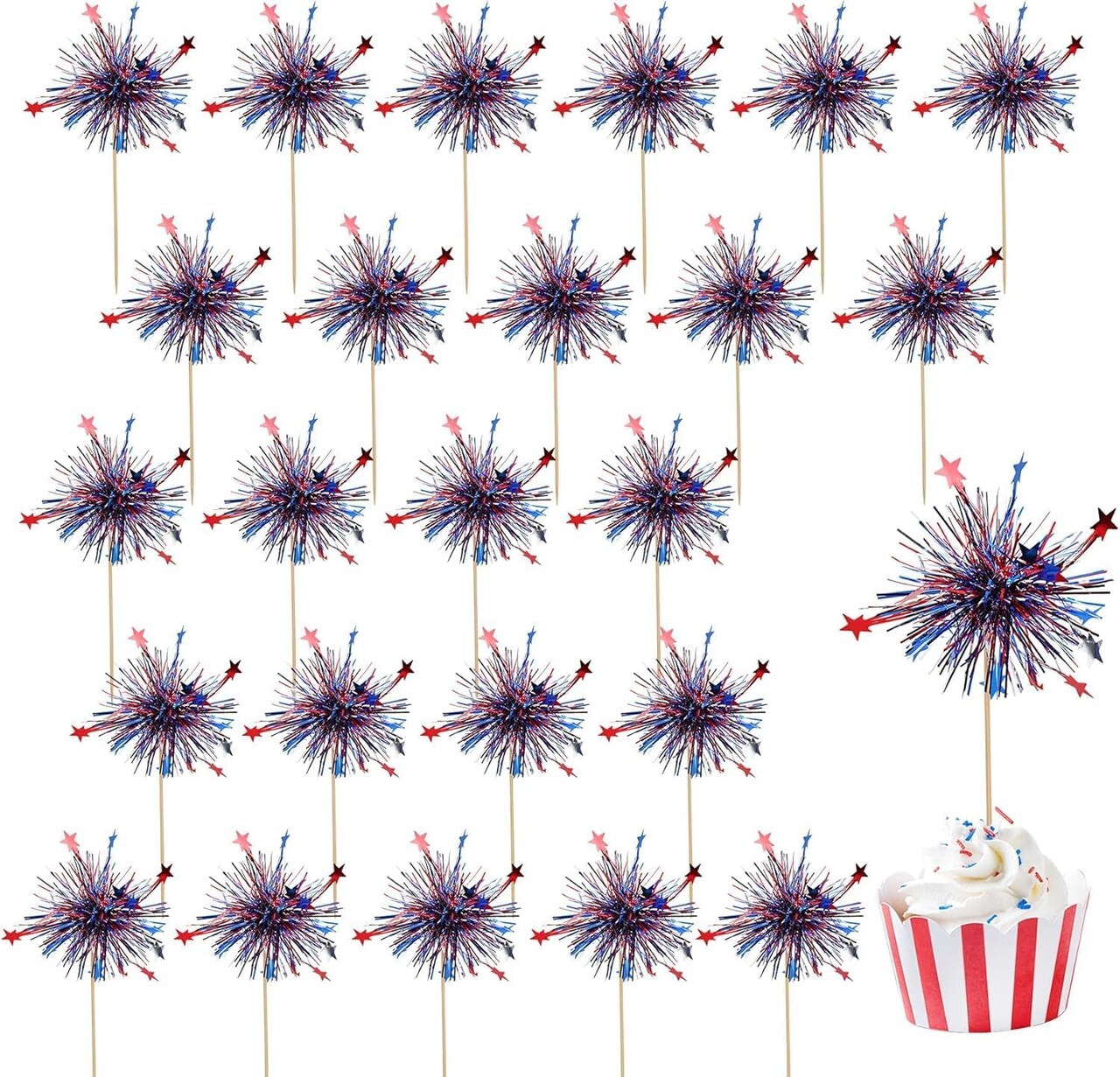 24Pcs American Patriotic Cupcake Toppers, 4th of July Foil Firework Cupcake Toppers Tinsel Drink CupCake Decoration Picks Independence Day Supplies Favor